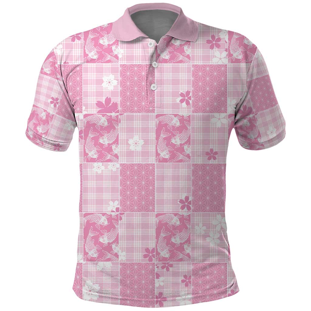 Pink Palaka Japanese Patterns Polo Shirt Koi Fish Asanoha Sakura Patchwork Stylized LT14 Pink - Polynesian Pride
