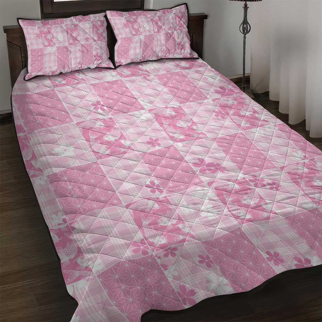 Pink Palaka Japanese Patterns Quilt Bed Set Koi Fish Asanoha Sakura Patchwork Stylized LT14 Pink - Polynesian Pride