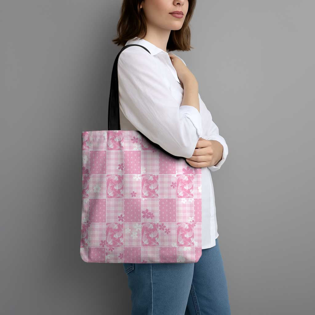 Pink Palaka Japanese Patterns Tote Bag Koi Fish Asanoha Sakura Patchwork Stylized LT14 - Polynesian Pride