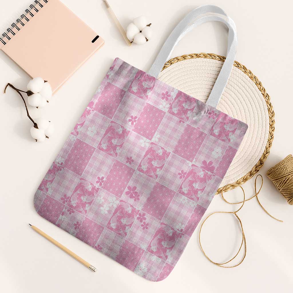 Pink Palaka Japanese Patterns Tote Bag Koi Fish Asanoha Sakura Patchwork Stylized LT14 White Strap One Size Pink - Polynesian Pride