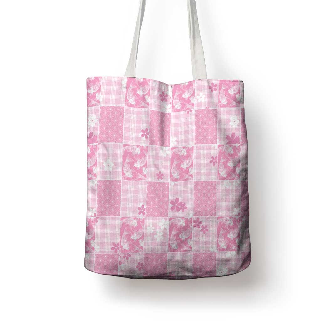 Pink Palaka Japanese Patterns Tote Bag Koi Fish Asanoha Sakura Patchwork Stylized LT14 - Polynesian Pride