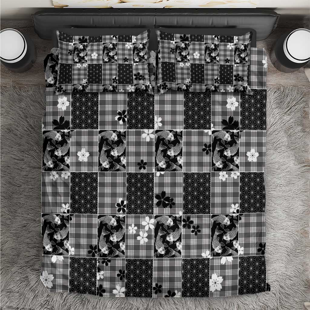 Black Palaka Japanese Patterns Bedding Set Koi Fish Asanoha Sakura Patchwork Stylized LT14 Black - Polynesian Pride
