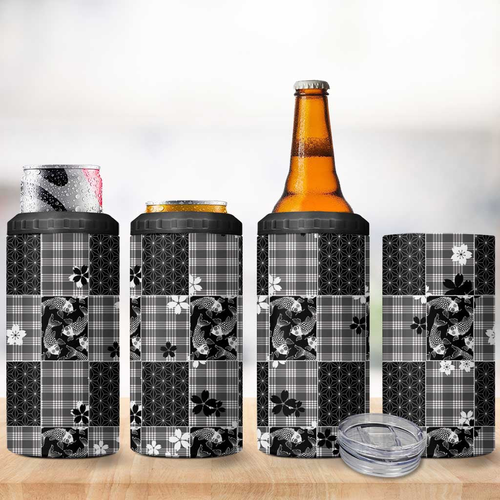 Black Palaka Japanese Patterns 4 in 1 Can Cooler Tumbler Koi Fish Asanoha Sakura Patchwork Stylized LT14 - Polynesian Pride