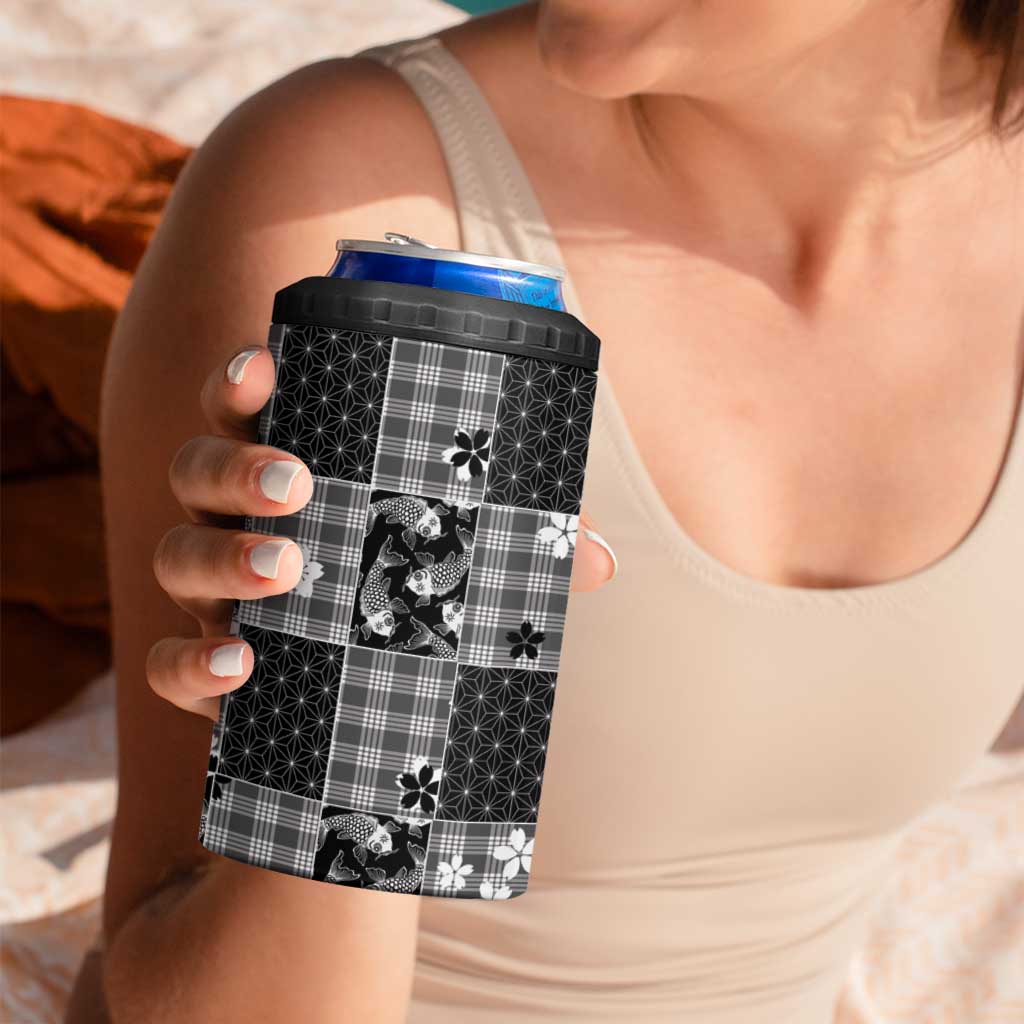 Black Palaka Japanese Patterns 4 in 1 Can Cooler Tumbler Koi Fish Asanoha Sakura Patchwork Stylized LT14 - Polynesian Pride