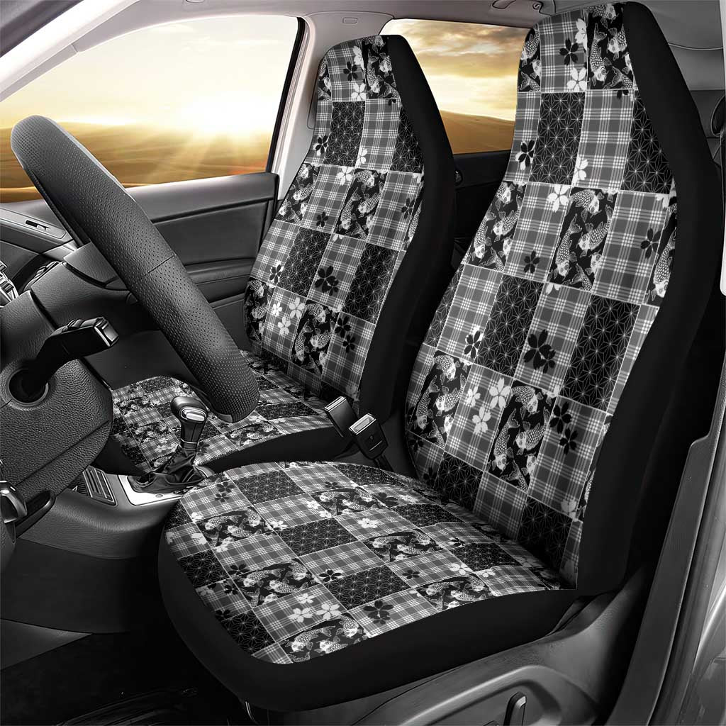 Black Palaka Japanese Patterns Car Seat Cover Koi Fish Asanoha Sakura Patchwork Stylized LT14 - Polynesian Pride