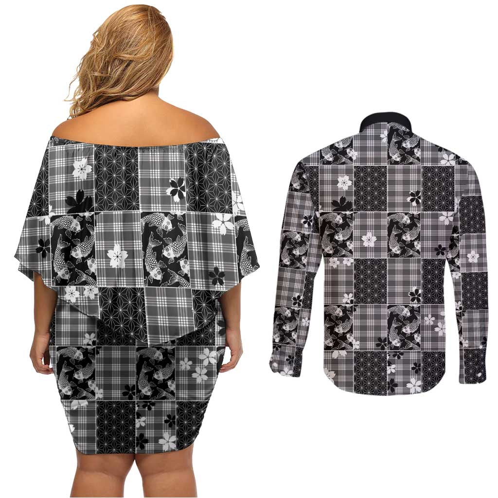 Black Palaka Japanese Patterns Couples Matching Off Shoulder Short Dress and Long Sleeve Button Shirt Koi Fish Asanoha Sakura Patchwork Stylized LT14 - Polynesian Pride
