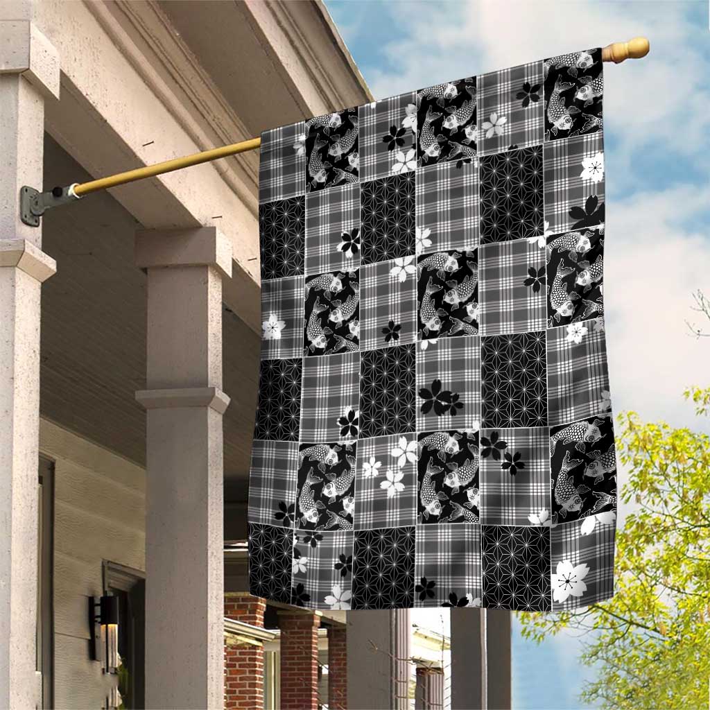Black Palaka Japanese Patterns Garden Flag Koi Fish Asanoha Sakura Patchwork Stylized LT14 House Flag Black - Polynesian Pride