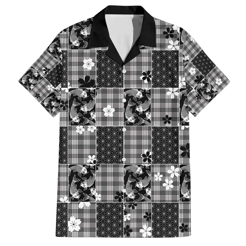 Black Palaka Japanese Patterns Hawaiian Shirt Koi Fish Asanoha Sakura Patchwork Stylized LT14 Black - Polynesian Pride
