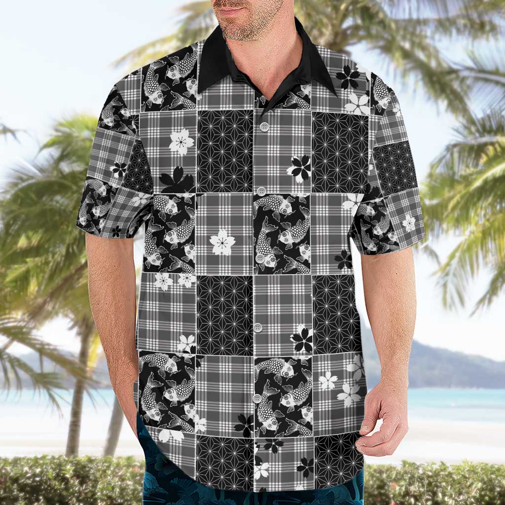 Black Palaka Japanese Patterns Hawaiian Shirt Koi Fish Asanoha Sakura Patchwork Stylized LT14 - Polynesian Pride
