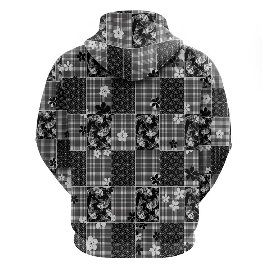 Black Palaka Japanese Patterns Hoodie Koi Fish Asanoha Sakura Patchwork Stylized LT14 - Polynesian Pride