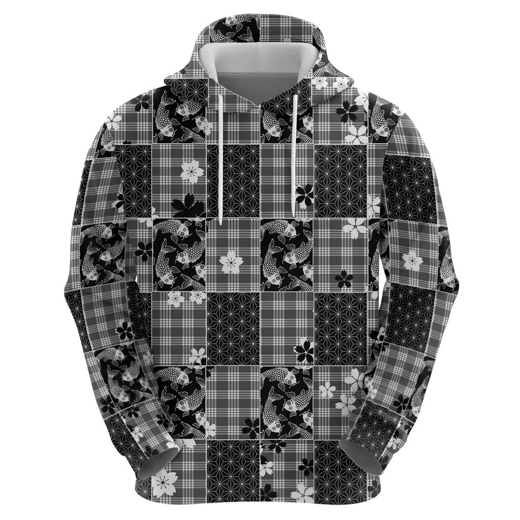 Black Palaka Japanese Patterns Hoodie Koi Fish Asanoha Sakura Patchwork Stylized LT14 - Polynesian Pride
