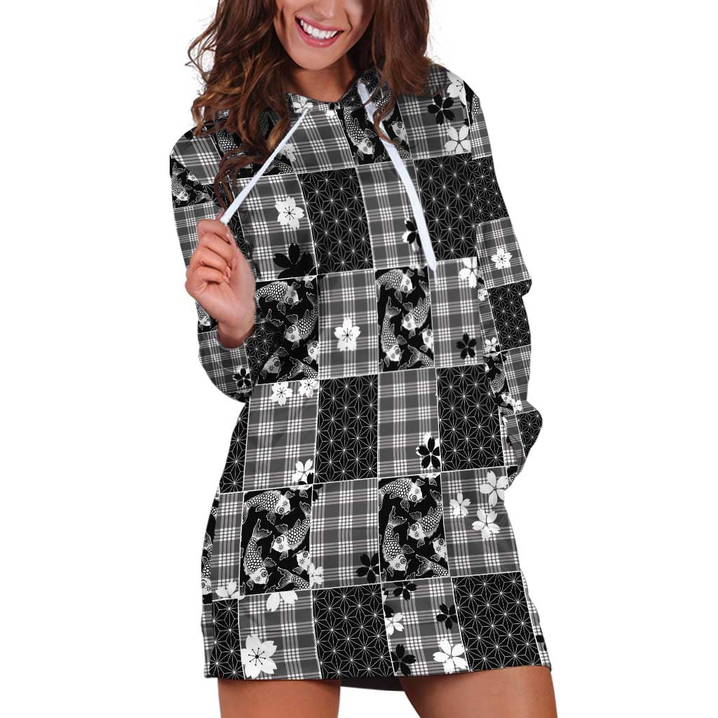 Black Palaka Japanese Patterns Hoodie Dress Koi Fish Asanoha Sakura Patchwork Stylized LT14 Black - Polynesian Pride