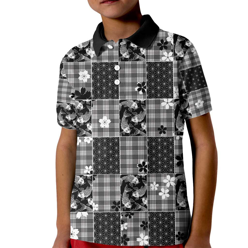 Black Palaka Japanese Patterns Kid Polo Shirt Koi Fish Asanoha Sakura Patchwork Stylized LT14 Kid Black - Polynesian Pride