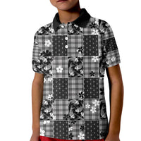 Black Palaka Japanese Patterns Kid Polo Shirt Koi Fish Asanoha Sakura Patchwork Stylized LT14 Kid Black - Polynesian Pride
