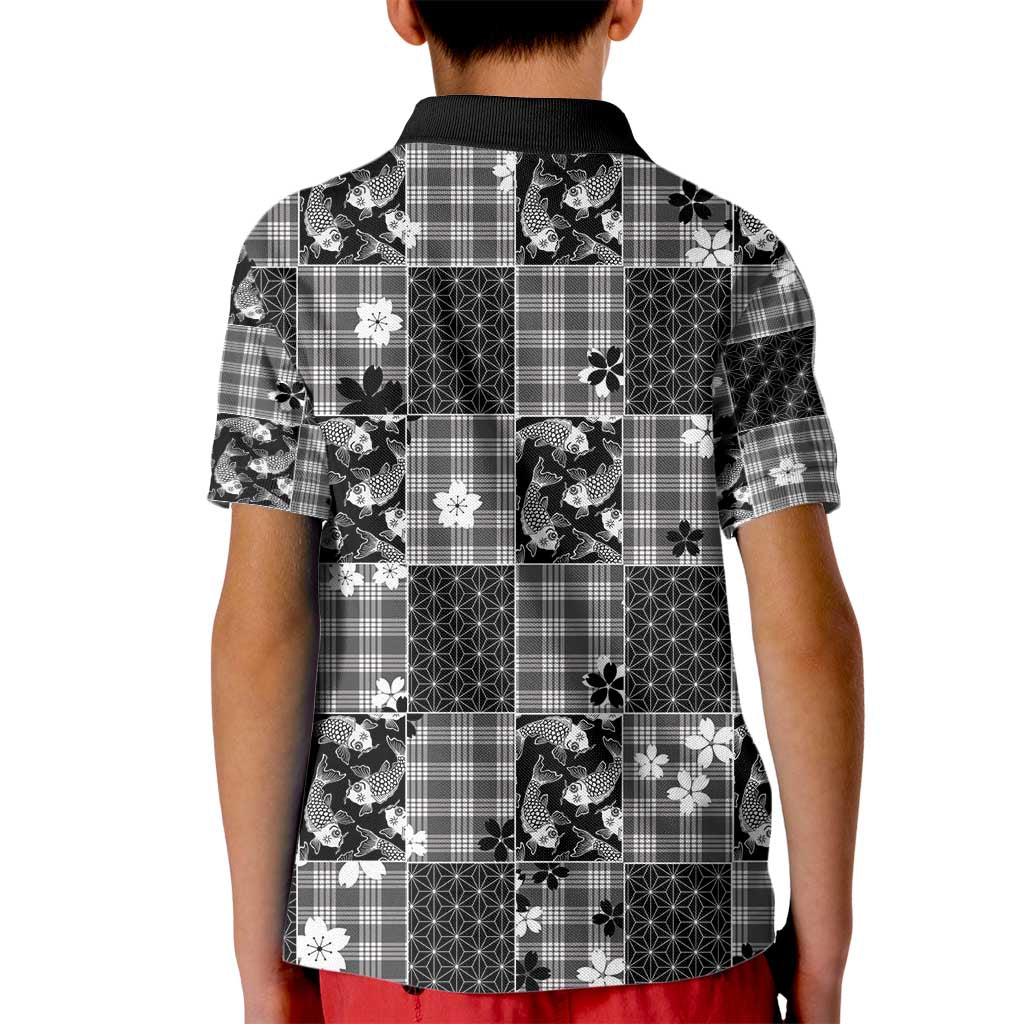 Black Palaka Japanese Patterns Kid Polo Shirt Koi Fish Asanoha Sakura Patchwork Stylized LT14 - Polynesian Pride