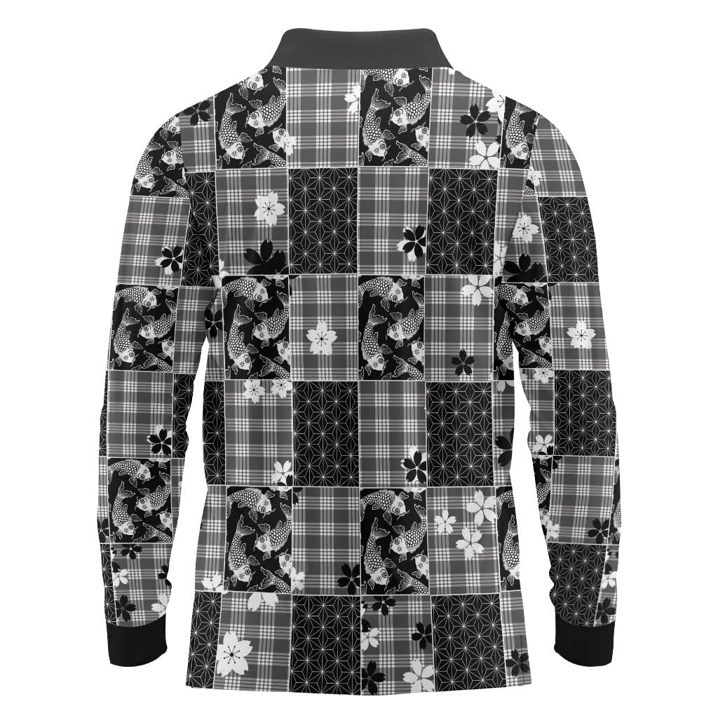 Black Palaka Japanese Patterns Long Sleeve Polo Shirt Koi Fish Asanoha Sakura Patchwork Stylized LT14 - Polynesian Pride