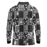 Black Palaka Japanese Patterns Long Sleeve Polo Shirt Koi Fish Asanoha Sakura Patchwork Stylized LT14 - Polynesian Pride