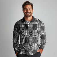 Black Palaka Japanese Patterns Long Sleeve Polo Shirt Koi Fish Asanoha Sakura Patchwork Stylized LT14 - Polynesian Pride