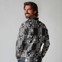 Black Palaka Japanese Patterns Long Sleeve Polo Shirt Koi Fish Asanoha Sakura Patchwork Stylized LT14 - Polynesian Pride