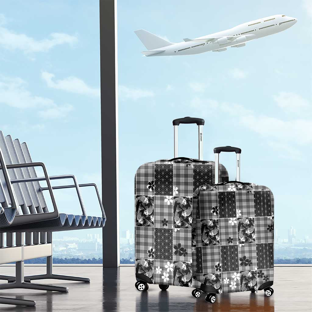 Black Palaka Japanese Patterns Luggage Cover Koi Fish Asanoha Sakura Patchwork Stylized LT14 - Polynesian Pride
