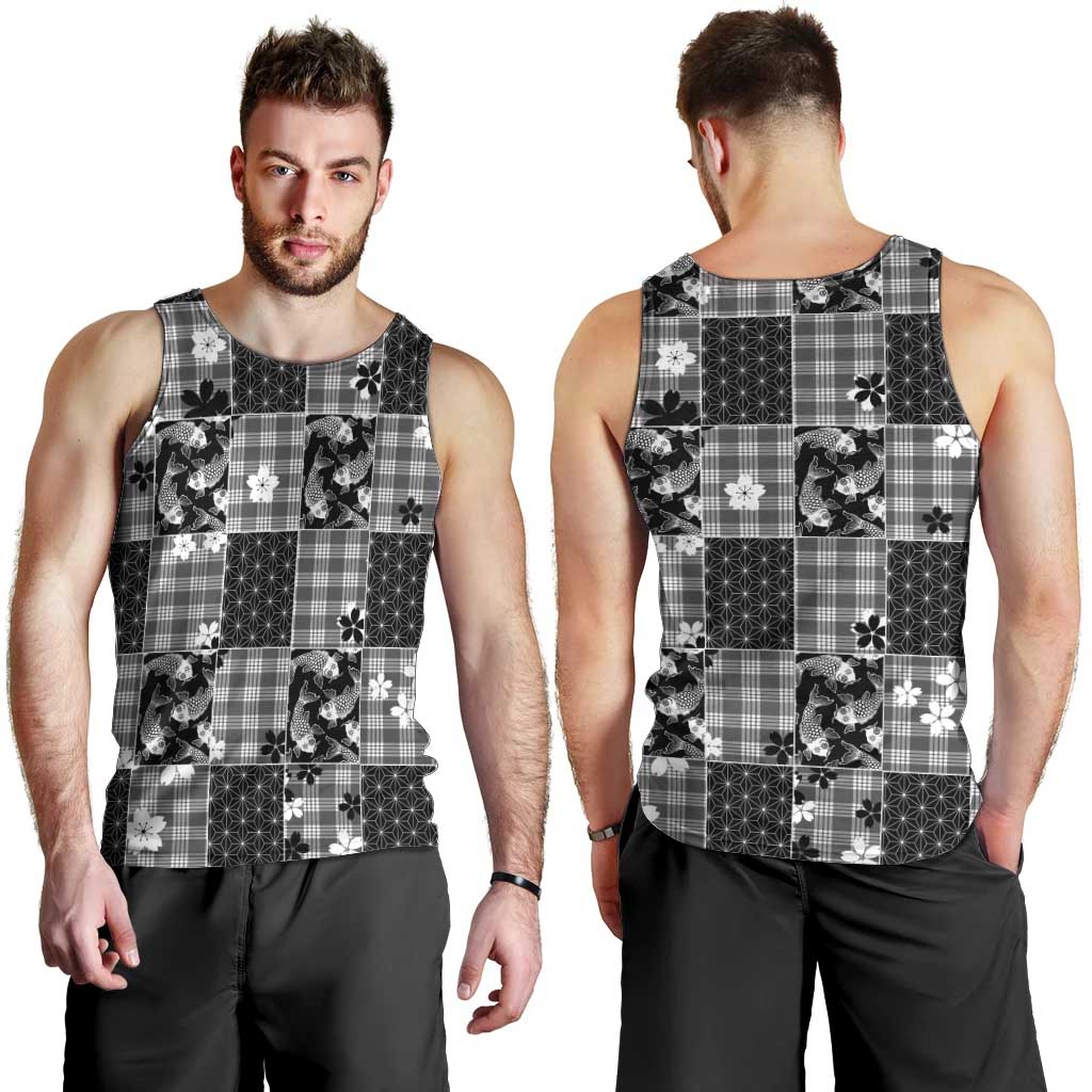 Black Palaka Japanese Patterns Men Tank Top Koi Fish Asanoha Sakura Patchwork Stylized LT14 - Polynesian Pride