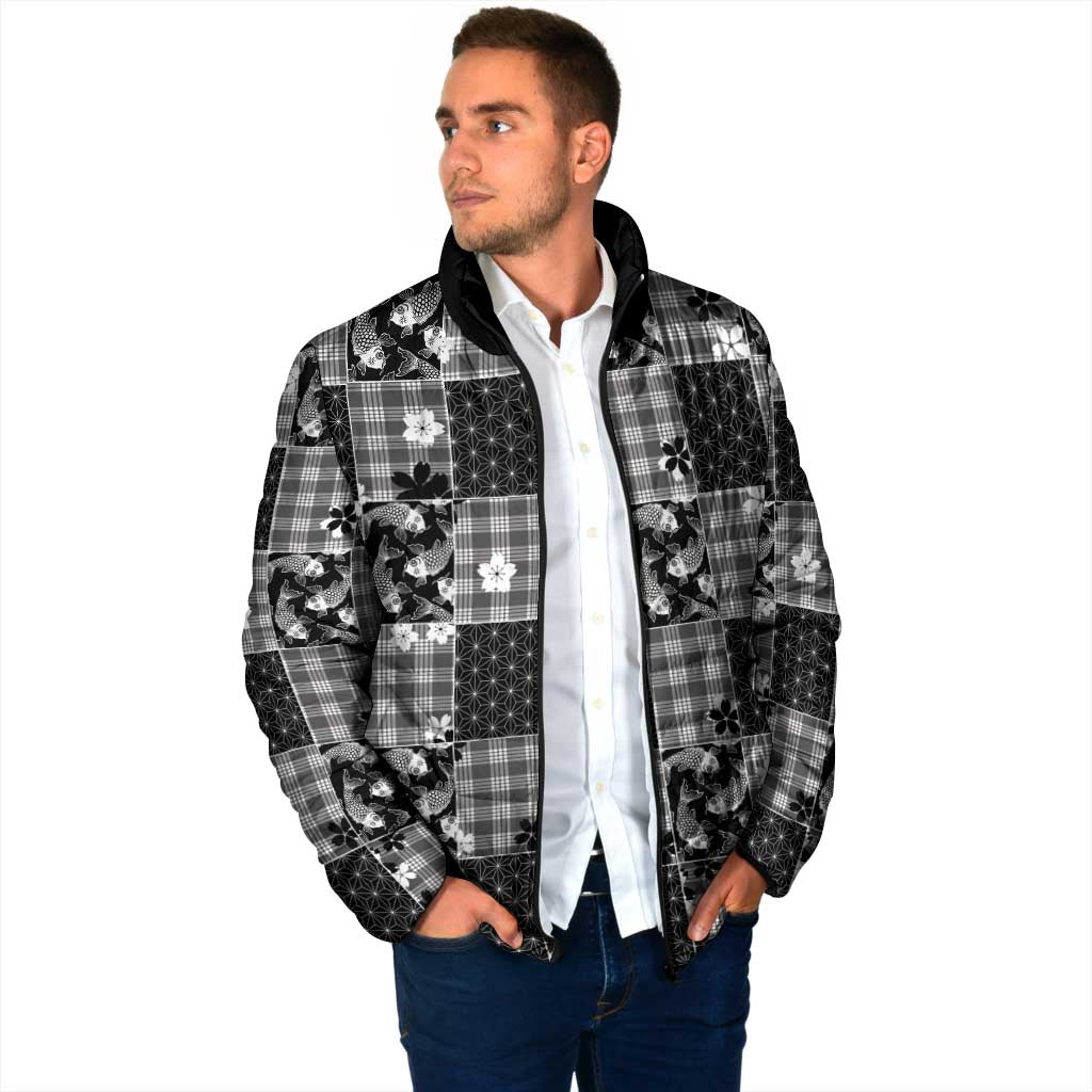 Black Palaka Japanese Patterns Padded Jacket Koi Fish Asanoha Sakura Patchwork Stylized LT14 - Polynesian Pride