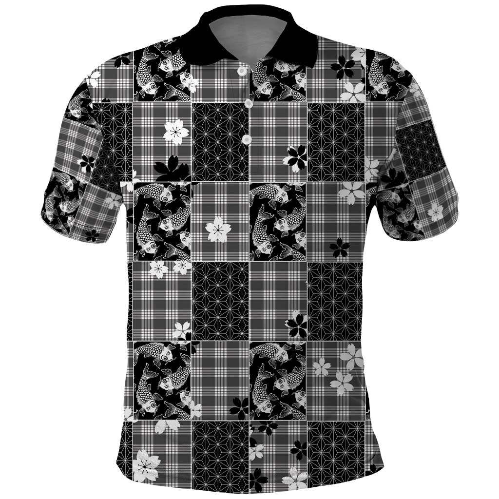 Black Palaka Japanese Patterns Polo Shirt Koi Fish Asanoha Sakura Patchwork Stylized LT14 Black - Polynesian Pride