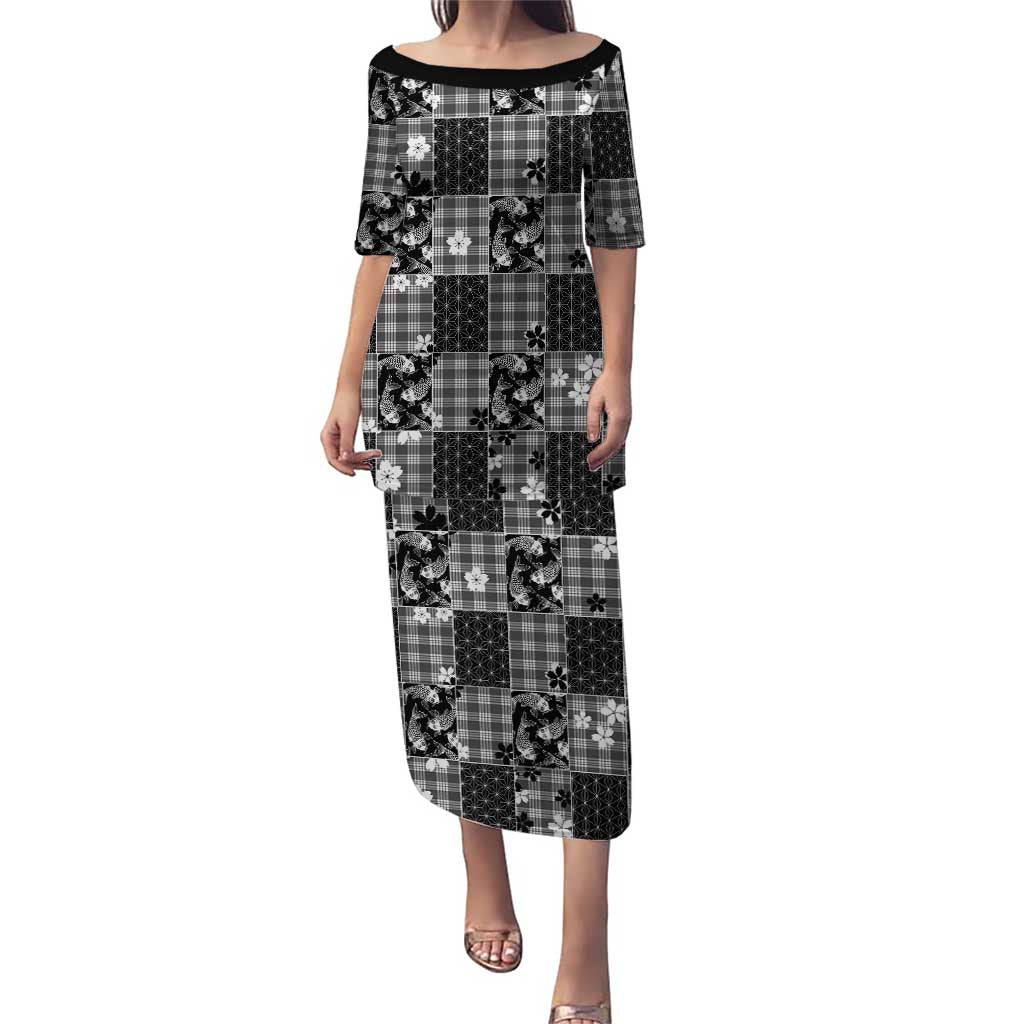 Black Palaka Japanese Patterns Puletasi Koi Fish Asanoha Sakura Patchwork Stylized LT14 Long Dress Black - Polynesian Pride