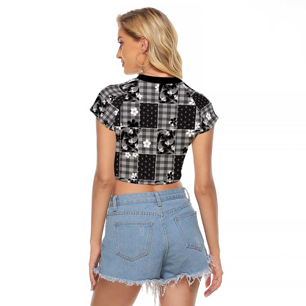 Black Palaka Japanese Patterns Raglan Cropped T Shirt Koi Fish Asanoha Sakura Patchwork Stylized LT14 - Polynesian Pride