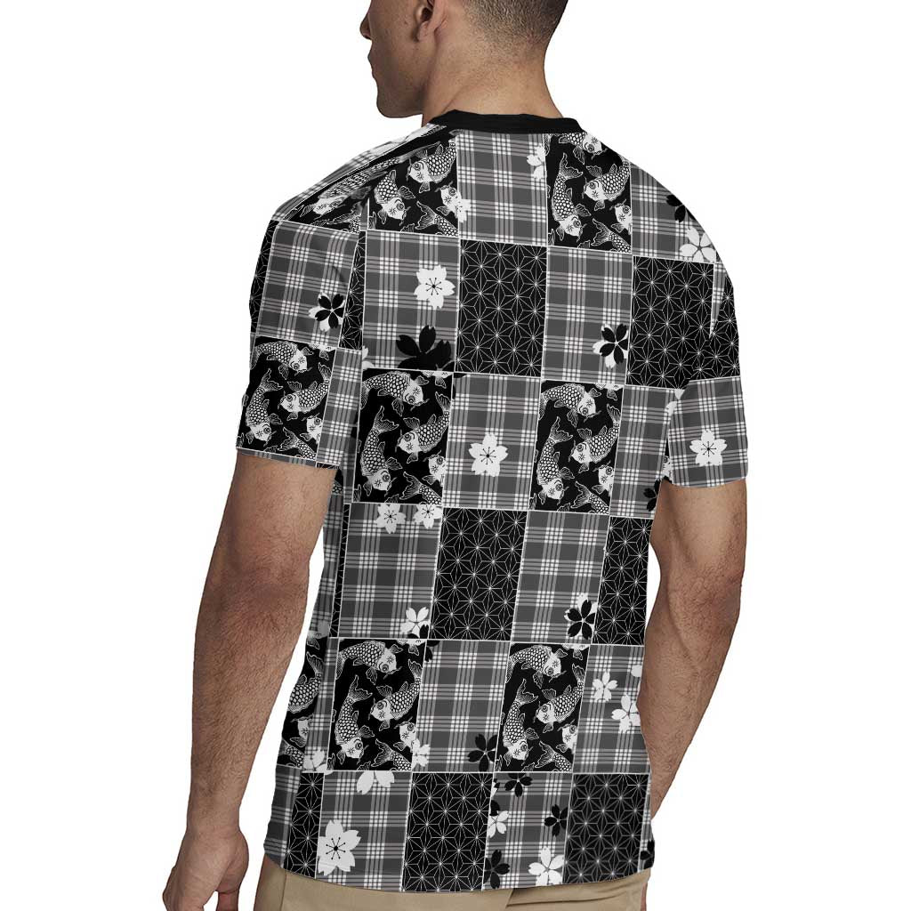 Black Palaka Japanese Patterns Rugby Jersey Koi Fish Asanoha Sakura Patchwork Stylized LT14 - Polynesian Pride