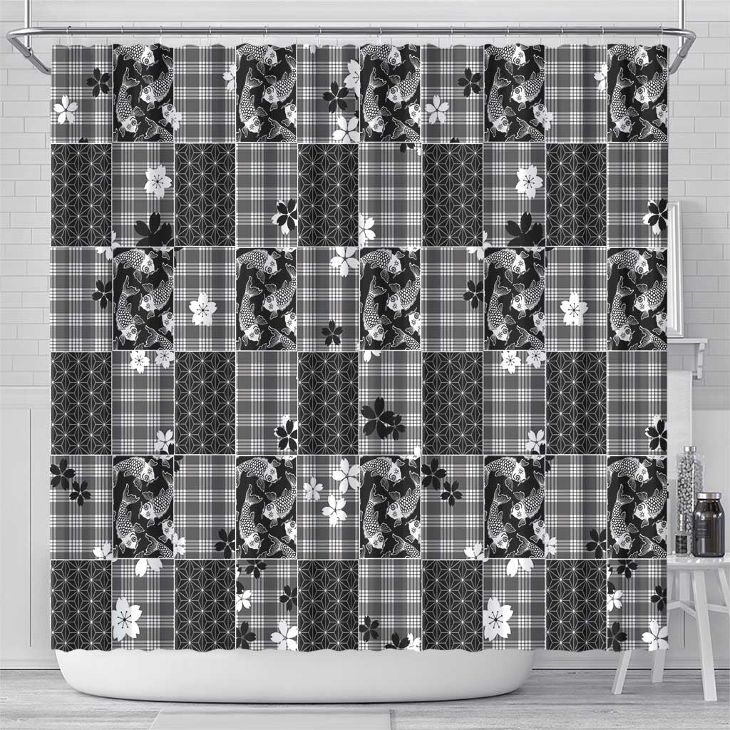 Black Palaka Japanese Patterns Shower Curtain Koi Fish Asanoha Sakura Patchwork Stylized LT14 - Polynesian Pride