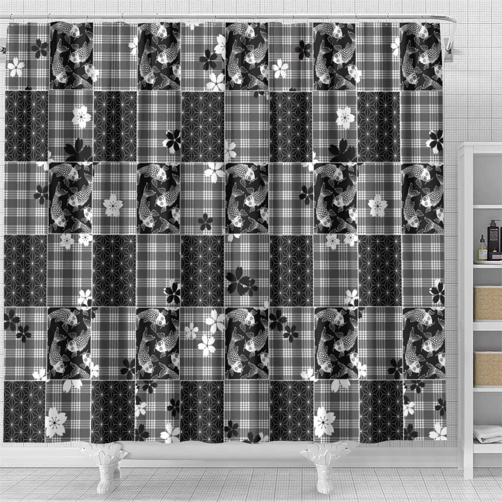 Black Palaka Japanese Patterns Shower Curtain Koi Fish Asanoha Sakura Patchwork Stylized LT14 - Polynesian Pride