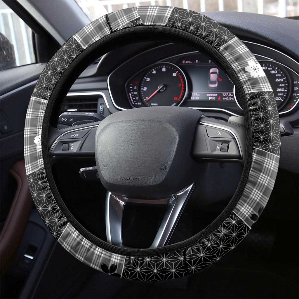 Black Palaka Japanese Patterns Steering Wheel Cover Koi Fish Asanoha Sakura Patchwork Stylized LT14 - Polynesian Pride
