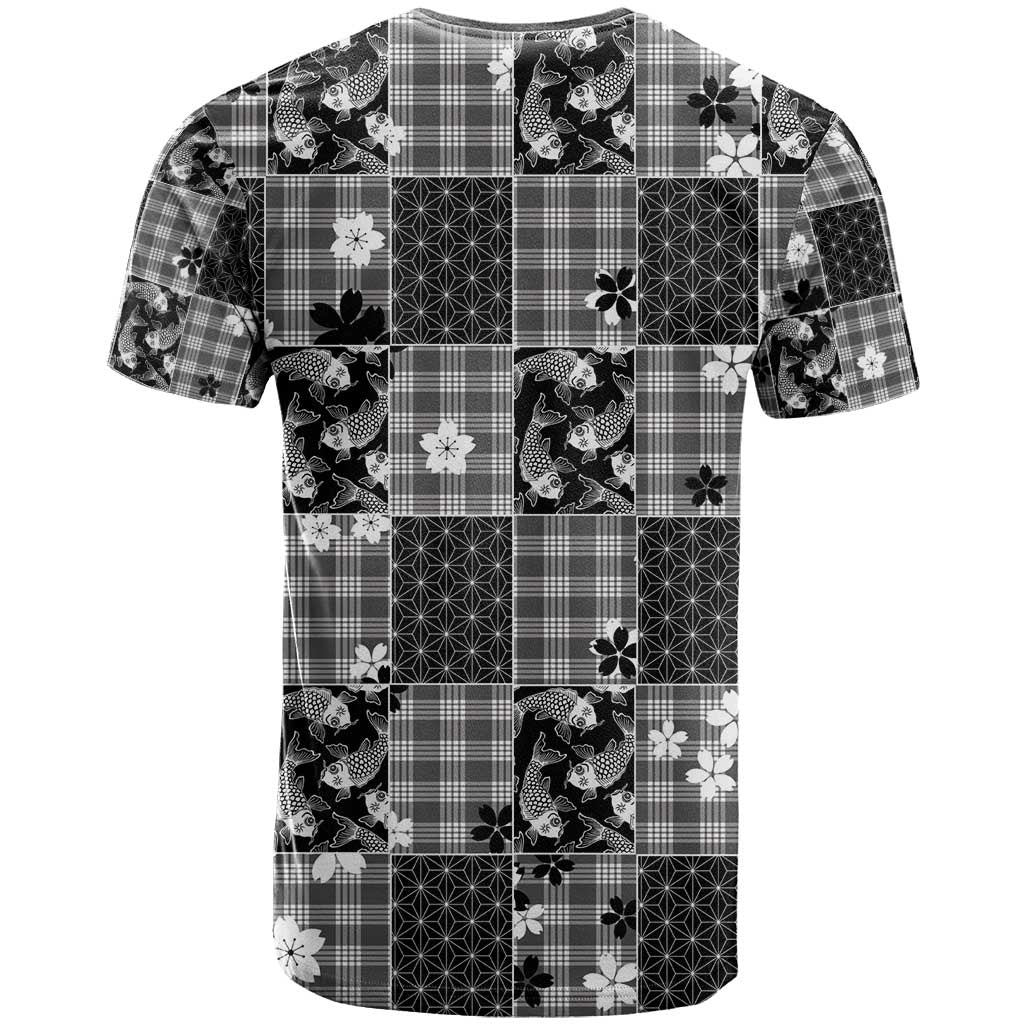 Black Palaka Japanese Patterns T Shirt Koi Fish Asanoha Sakura Patchwork Stylized LT14 - Polynesian Pride