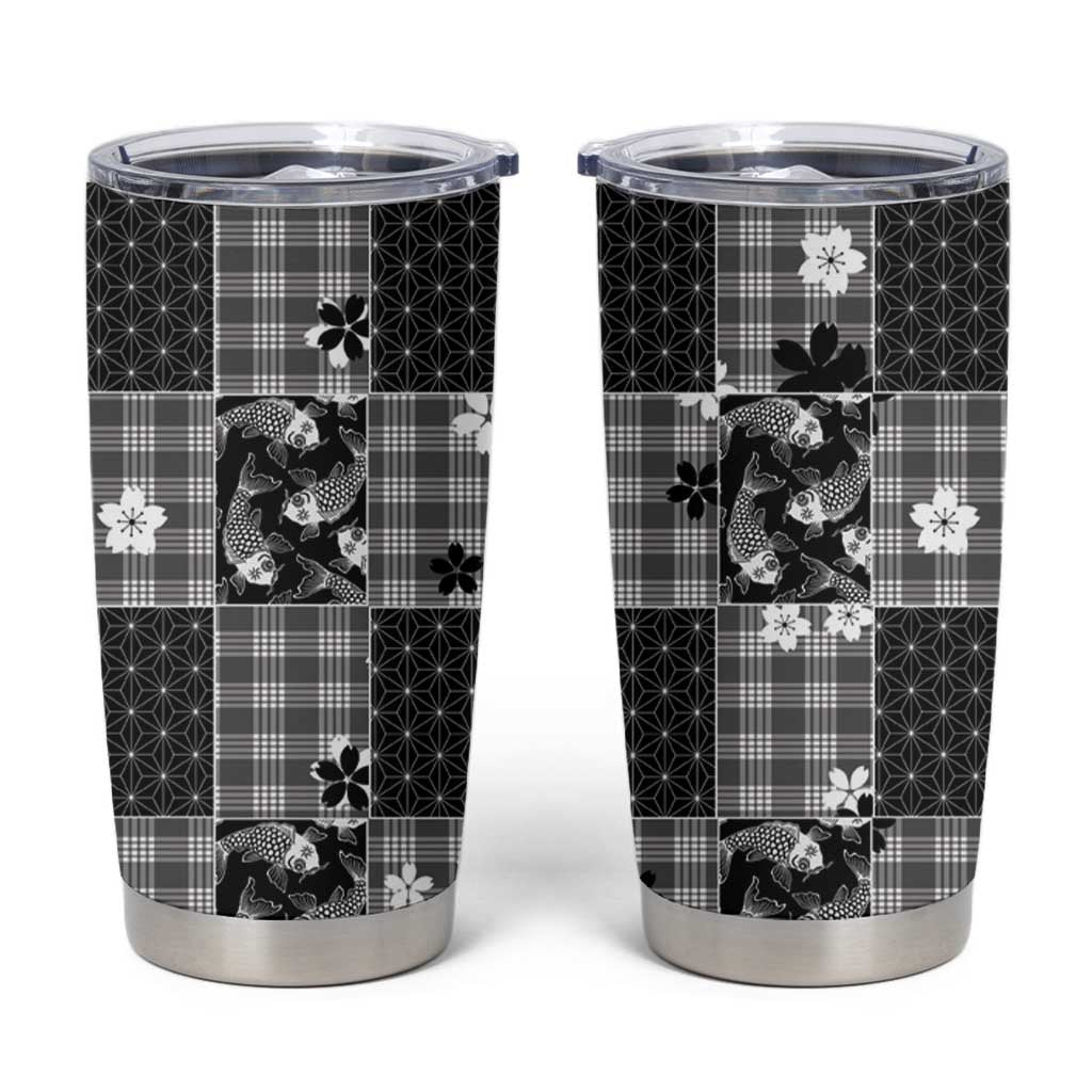 Black Palaka Japanese Patterns Tumbler Cup Koi Fish Asanoha Sakura Patchwork Stylized LT14 Black - Polynesian Pride