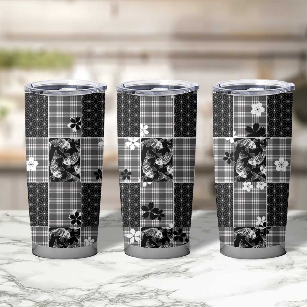 Black Palaka Japanese Patterns Tumbler Cup Koi Fish Asanoha Sakura Patchwork Stylized LT14 - Polynesian Pride