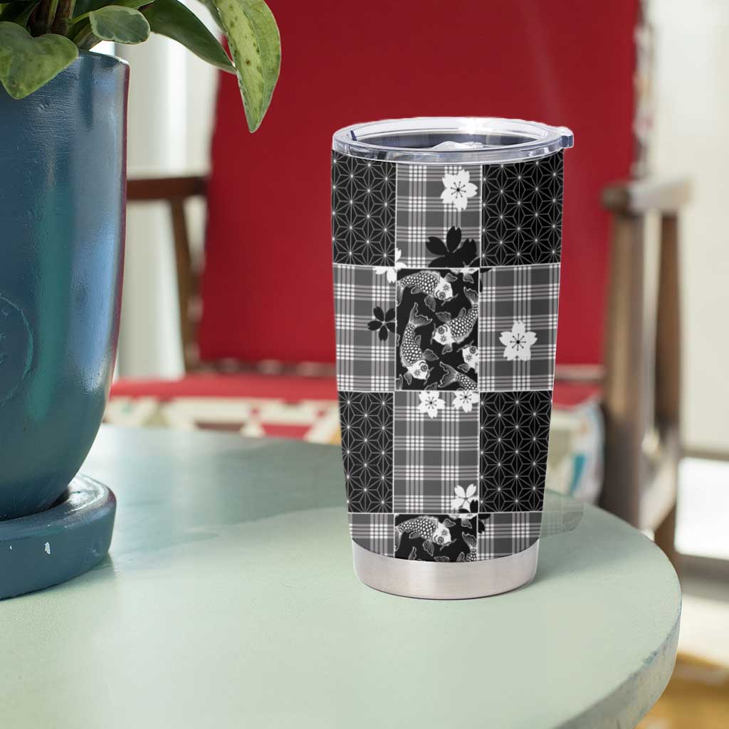 Black Palaka Japanese Patterns Tumbler Cup Koi Fish Asanoha Sakura Patchwork Stylized LT14 - Polynesian Pride