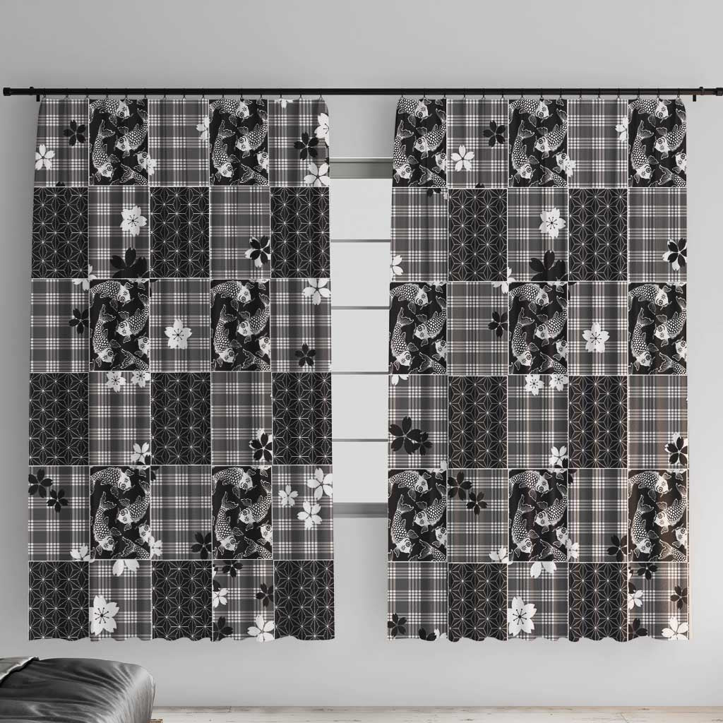 Black Palaka Japanese Patterns Window Curtain Koi Fish Asanoha Sakura Patchwork Stylized LT14 With Hooks Black - Polynesian Pride