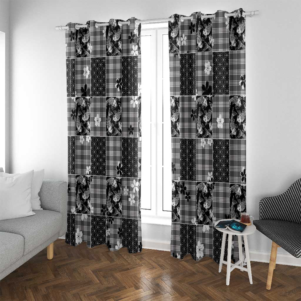 Black Palaka Japanese Patterns Window Curtain Koi Fish Asanoha Sakura Patchwork Stylized LT14 With Grommets Black - Polynesian Pride