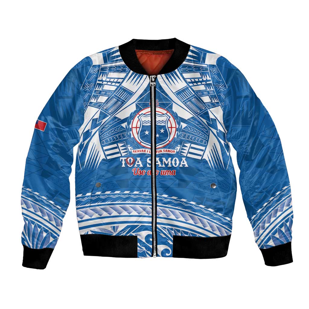 Toa Samoa Rugby Custom Bomber Jacket Uso aso uma Samoan Pattern Blue LT14 Unisex Blue - Polynesian Pride