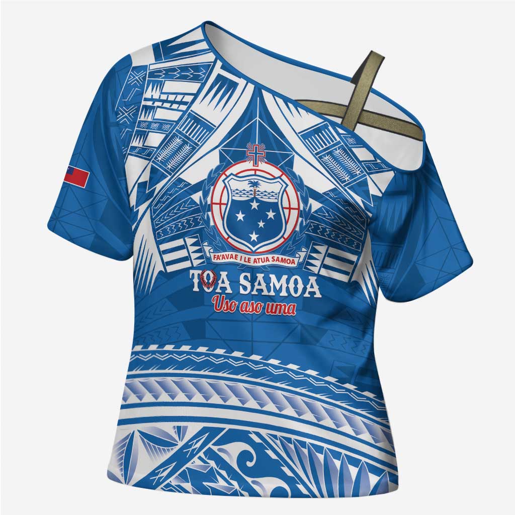 Toa Samoa Rugby Custom Cross Shoulder Shirt Uso aso uma Samoan Pattern Blue LT14 Female Blue - Polynesian Pride