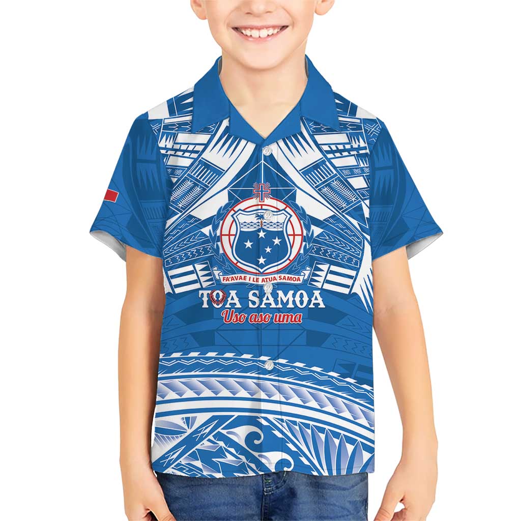 Toa Samoa Rugby Custom Kid Hawaiian Shirt Uso aso uma Samoan Pattern Blue LT14 Kid Blue - Polynesian Pride