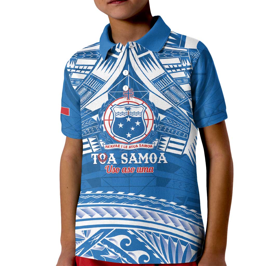 Toa Samoa Rugby Custom Kid Polo Shirt Uso aso uma Samoan Pattern Blue LT14 Kid Blue - Polynesian Pride