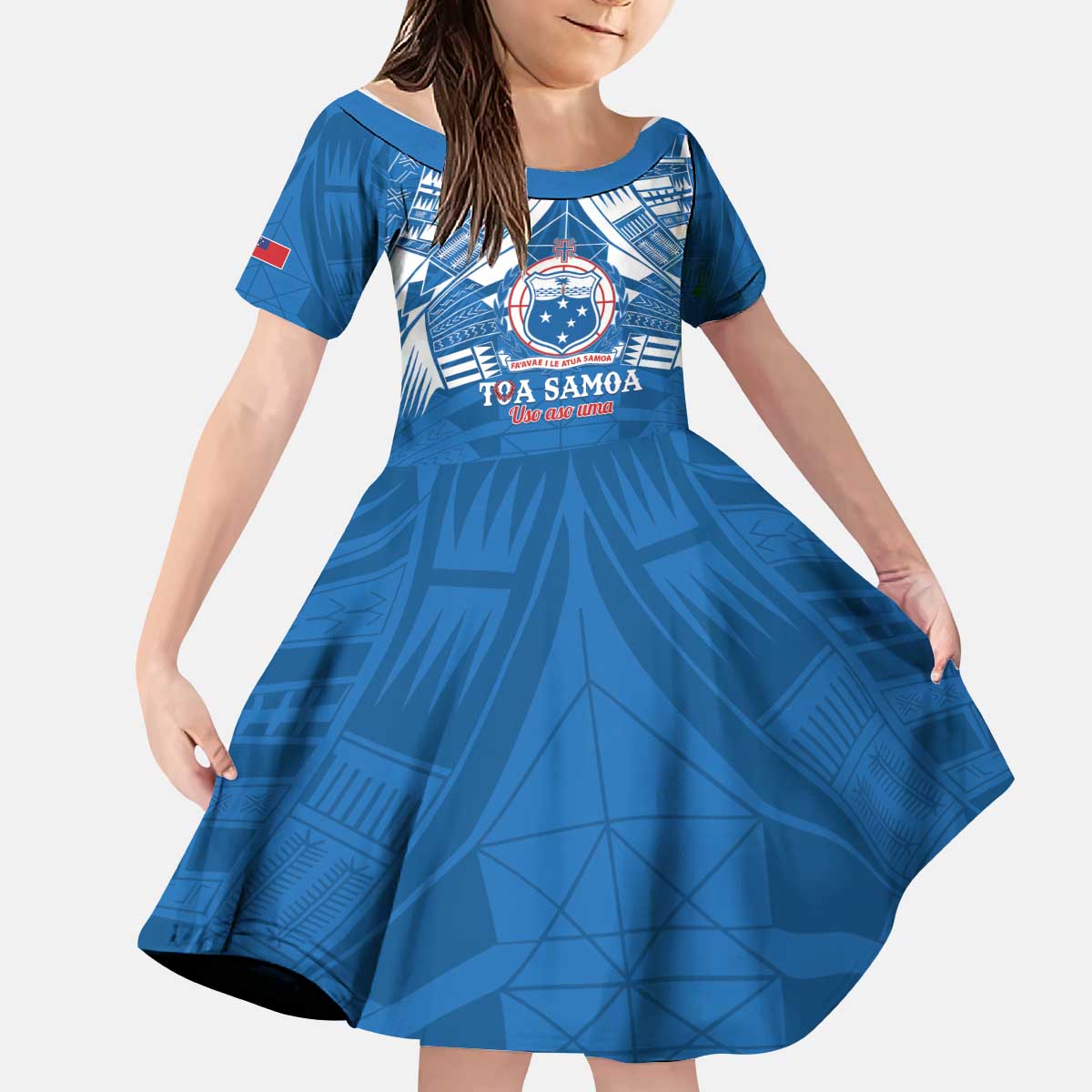 Toa Samoa Rugby Custom Kid Short Sleeve Dress Uso aso uma Samoan Pattern Blue LT14 KID Blue - Polynesian Pride