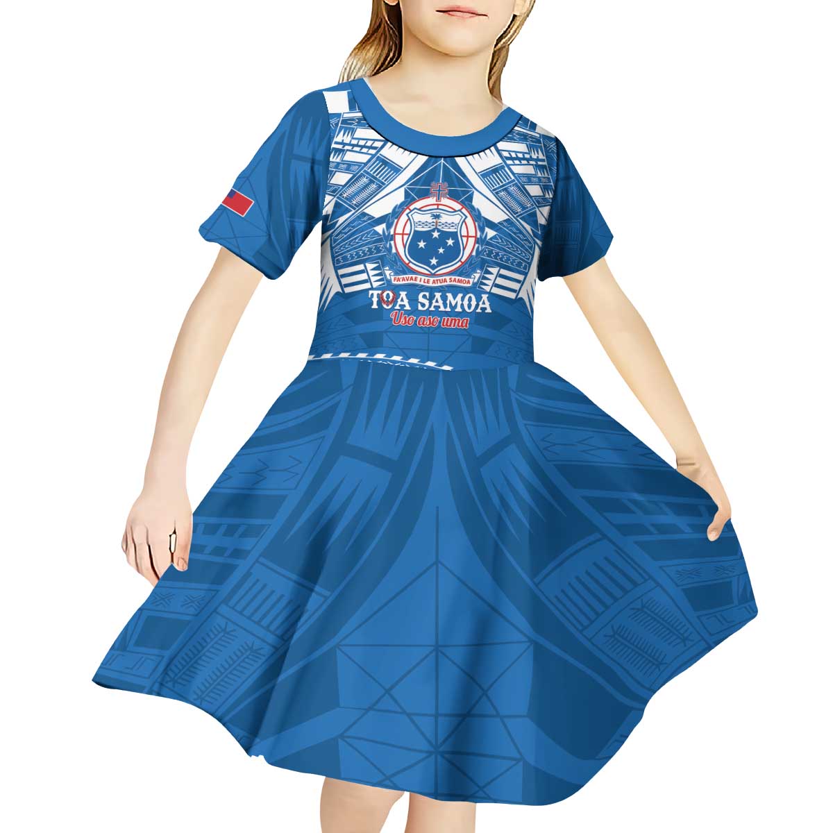 Toa Samoa Rugby Custom Kid Short Sleeve Dress Uso aso uma Samoan Pattern Blue LT14 - Polynesian Pride