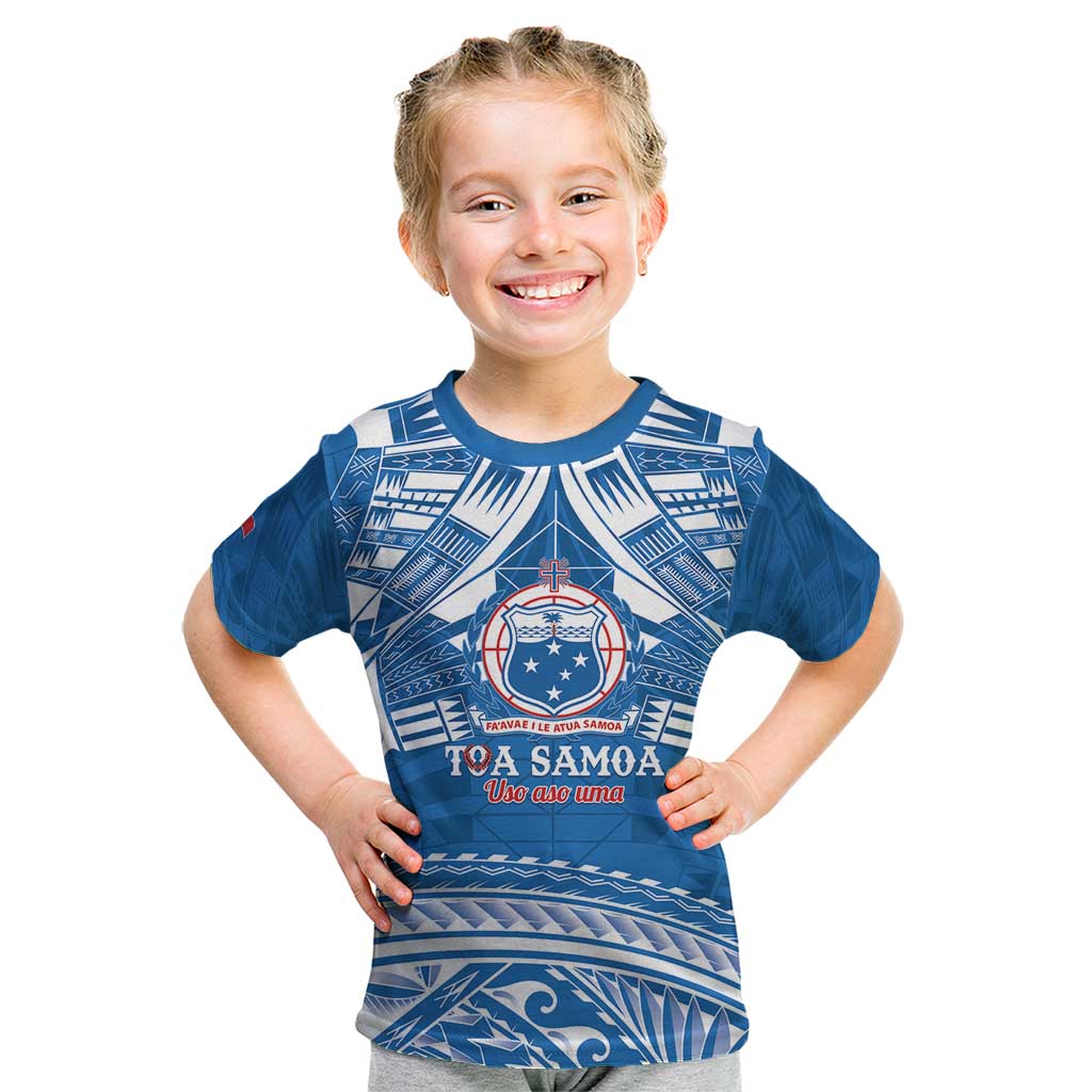 Toa Samoa Rugby Custom Kid T Shirt Uso aso uma Samoan Pattern Blue LT14 Blue - Polynesian Pride