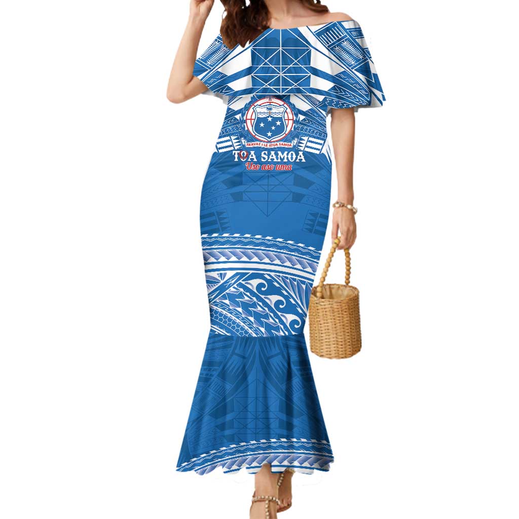 Toa Samoa Rugby Custom Mermaid Dress Uso aso uma Samoan Pattern Blue LT14 Women Blue - Polynesian Pride