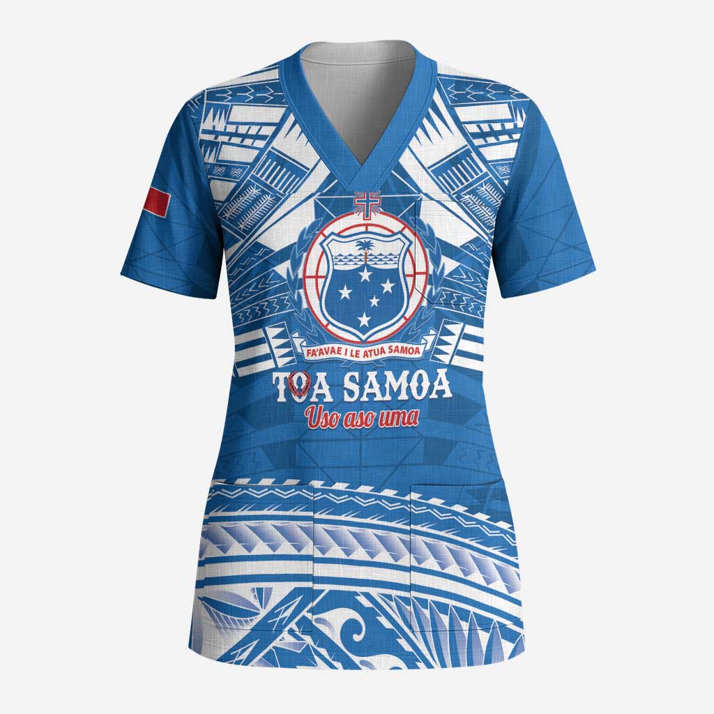 Toa Samoa Rugby Custom Scrub Top Uso aso uma Samoan Pattern Blue LT14 Adult Blue - Polynesian Pride