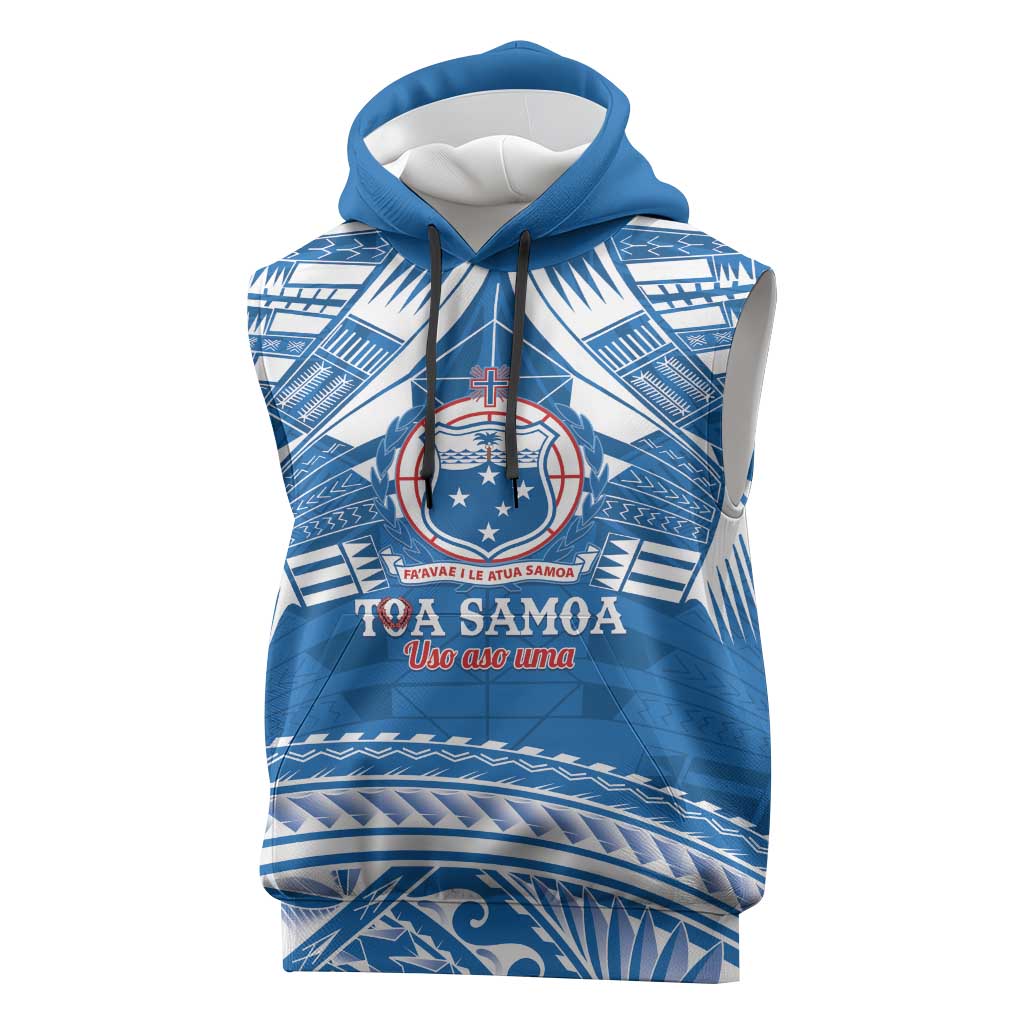 Toa Samoa Rugby Custom Sleeveless Hoodie Uso aso uma Samoan Pattern Blue LT14 Blue - Polynesian Pride
