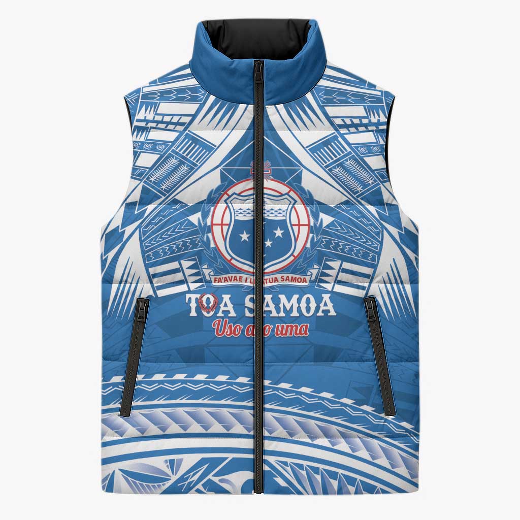 Toa Samoa Rugby Custom Sleeveless Puffer Jacket Uso aso uma Samoan Pattern Blue LT14 Unisex Blue - Polynesian Pride